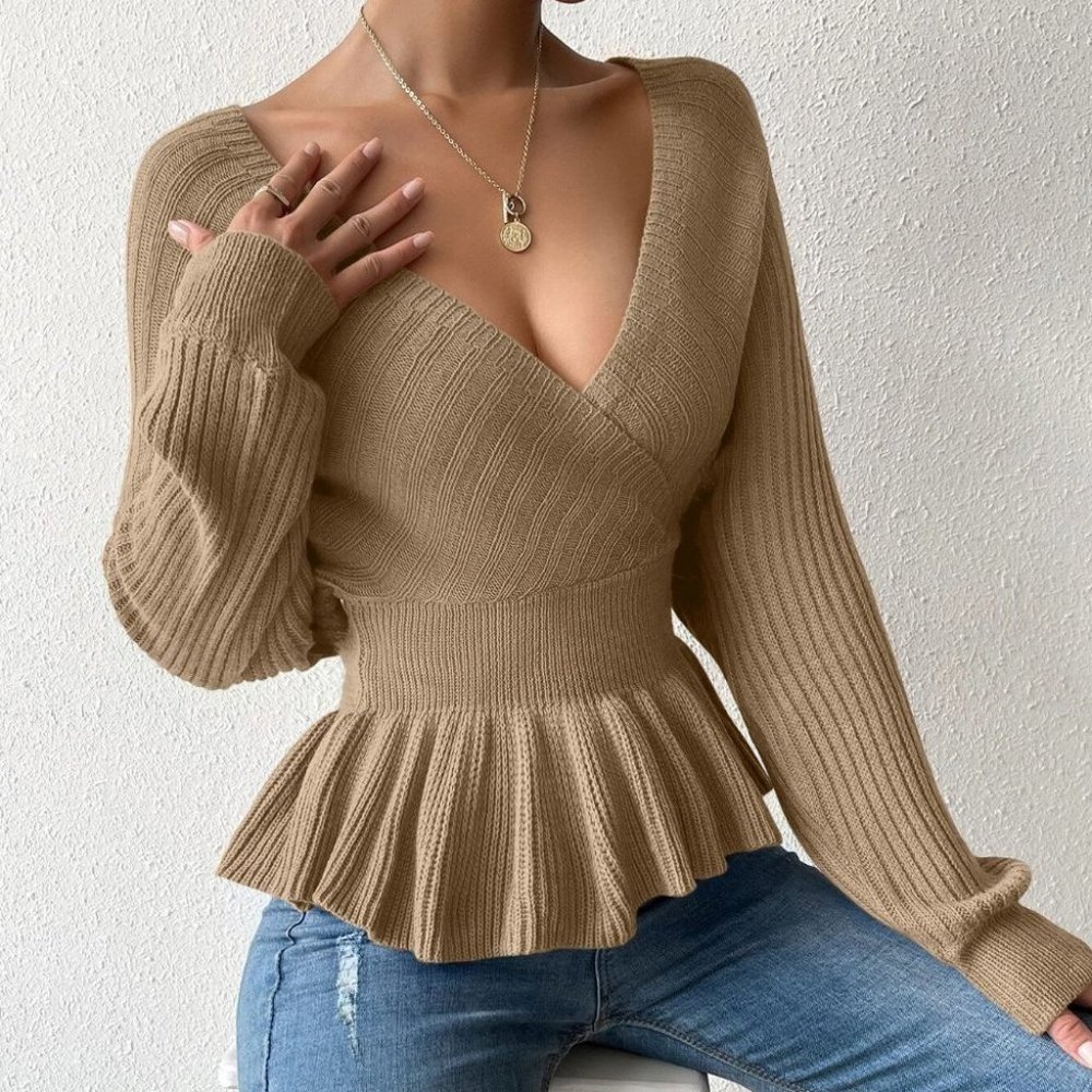 Khaki Preppy Womens Peplum Sweater - Picture 5 of 5